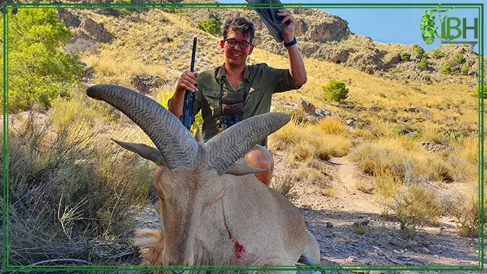 Hunter happy with his aoudad sheep hunting trophy in Spain