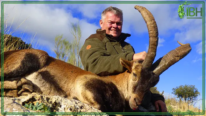 Hunter with his Southeastern ibex trophy hunted in Spain